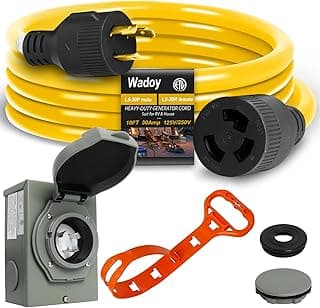 Wadoy 3 Prong Generator Cord 30 Amp, Yellow Generator Power Inlet Box and 10Ft Generator Power Extension Cord NEMA L5-30P to L5-30R 125V, 3750W Generator Power Inlet Organizer Combo Kit ETL Listed