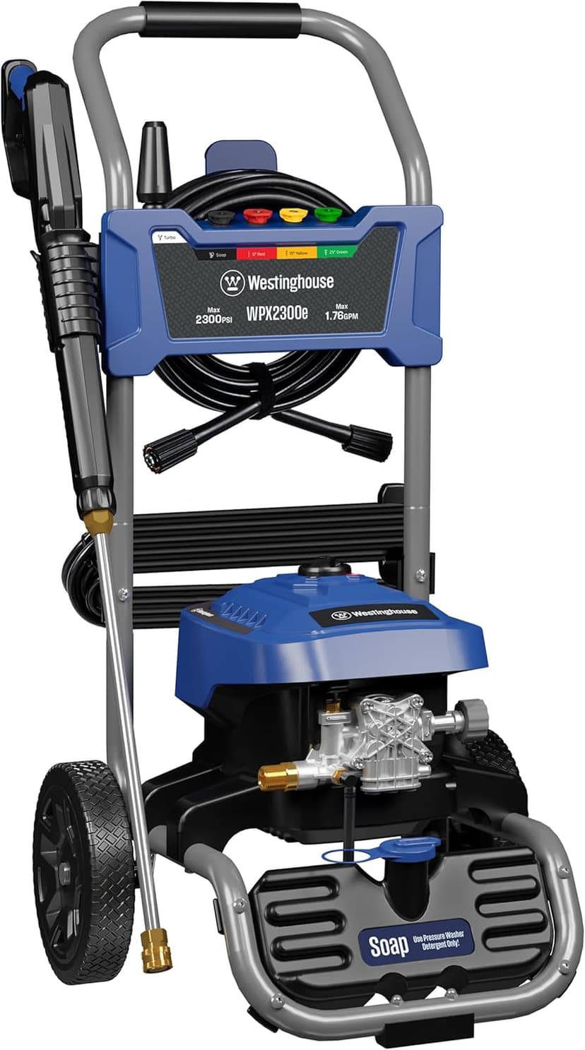 Westinghouse WPX2300e Electric Pressure Washer, 2300 Max PSI and 1.76 Max GPM, Induction Motor, Onboard Soap Tank, Spray Gun and Wand, 5 Nozzle Set, for Cars/Fences/Driveways/Homes/Patios/Furniture