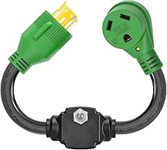 RVGUARD Overload Protector 30 Amp Generator to RV Adapter Cord with Circuit Breaker, NEMA L14-30P to NEMA TT-30R Electrical Power Adapter with LED Power Indicator, 18 Inch, Green, ETL Listed