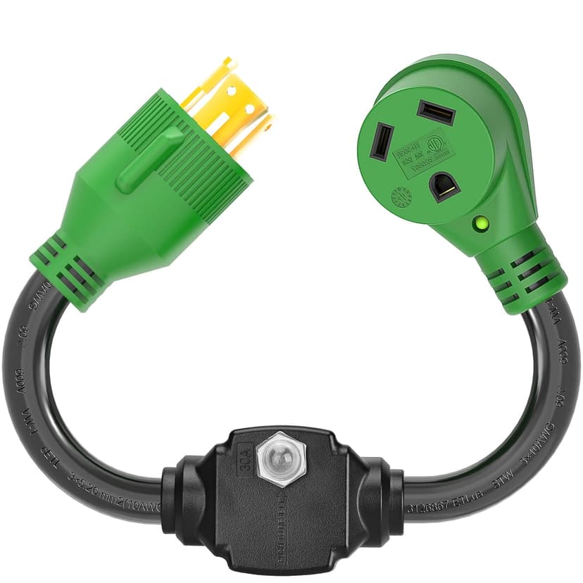 RVGUARD Overload Protector 30 Amp Generator to RV Adapter Cord with Circuit Breaker, NEMA L14-30P to NEMA TT-30R Electrical Power Adapter with LED Power Indicator, 18 Inch, Green, ETL Listed
