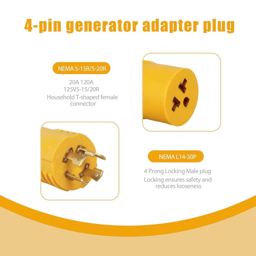 NEMA L14-30P to 5-15/20R or 6-15/20R Generator Adapter Plug, 30 Amp to 20 Amp 240V 30A 4-Prong Locking Generator