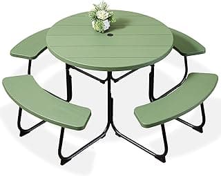 Best Choice Products 8-Person Outdoor Bench Patio Picnic Table, Circular w/ 4 Built-in Benches and Umbrella Hole, 2000lb Capacity - Green