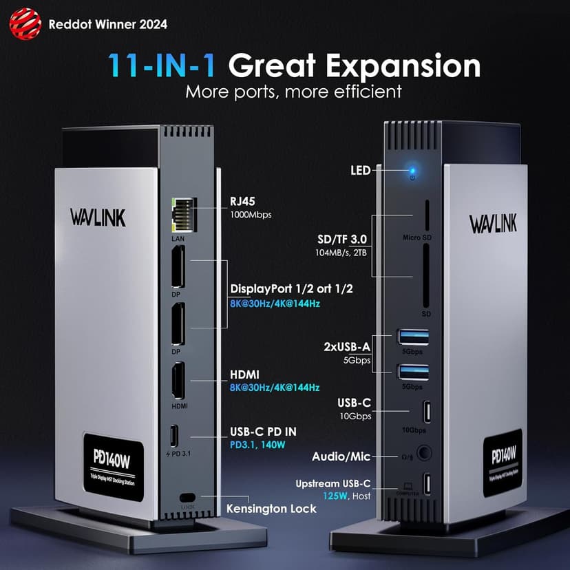 WAVLINK Laptop Docking Station 3 Monitors, 11 in 1 USB C Docking Station with PD3.1 140W Charging, 8K HDMI + Dual 8K Displayport, 5 USB-C/USB-A, SD/TF Slot, Audio/Mic, RJ45 Ethernet for M1/M2/M3/M4