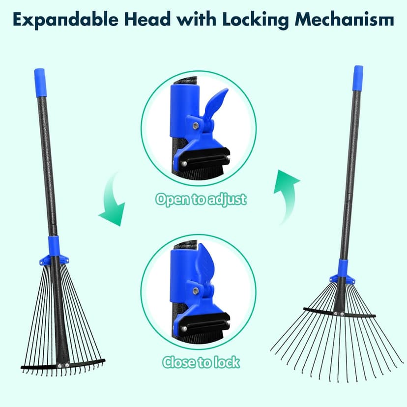 Garden Rake, Leaf Rake with Expandable Head from 9.5 inch to 17 inch, Collapsible Lawn Rakes with 53 Inch Adjustable Handle, Heavy Duty Metal Rakes for Lawn Yard, Flower Beds