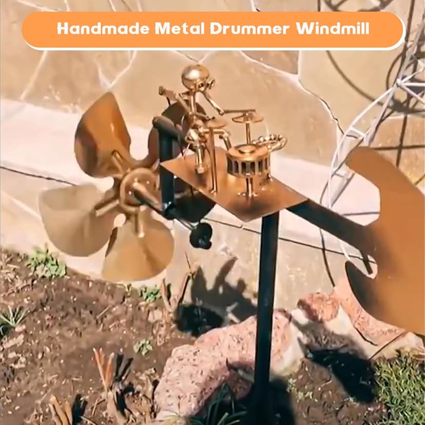 Metal Steampunk Drummer Windmill Garden Decoration - Handmade Outdoor Kinetic Sculpture, Steampunk Yard Art with Rust-Proof Design, Easy Install for Patio, Lawn and Music Lovers (1pcs-a)
