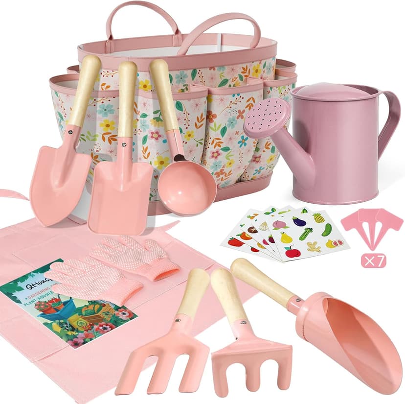 Kids Gardening Set 14Pcs Gardening Tools for Kids with Tote Bag,Watering Can, Shovel, Apron, Garden Book and More Educational STEM Learning Outdoor for Toddlers Boys Girls (Floral)