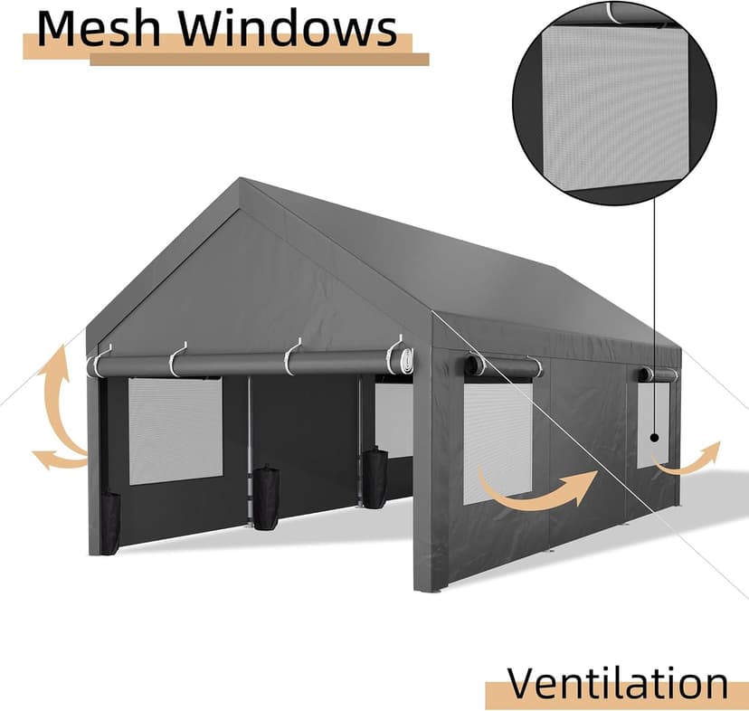 JY QAQA Carport, 12x20 FT Heavy Duty Carport with Removable Side Walls and Doors, Portable Garage with Roll-Up Window and Sandbags, Car Canopy with All-Season Tarp for Cars, Trucks, Boats, Gray