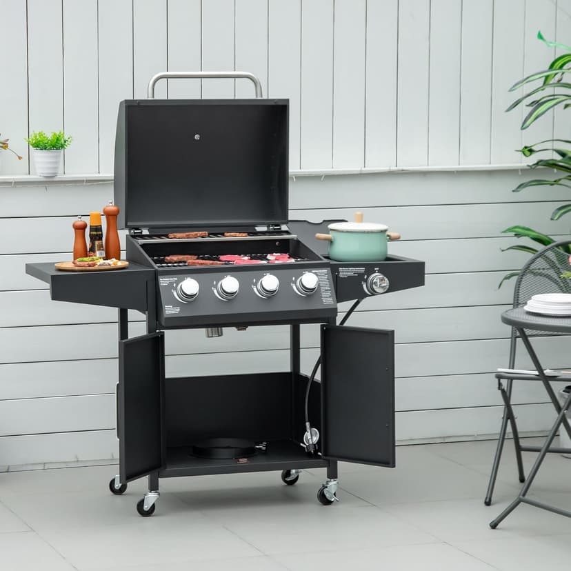 Outsunny 4 Burner Propane Gas Grill, 50,000 BTU Steel Outdoor Barbeque/Barbecue with Side Burner, Wheels, Warming Rack, Shelf, Cabinet, Thermometer, Black