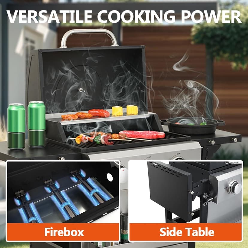 3 Burner Small Propane Gas Grill with Porcelain-Enameled Grates & Thermometer, Stainless Steel BBQ Grill 25650 BTU with Folding Side Tables for Outdoor Cooking Kitchen, Garden, Patio