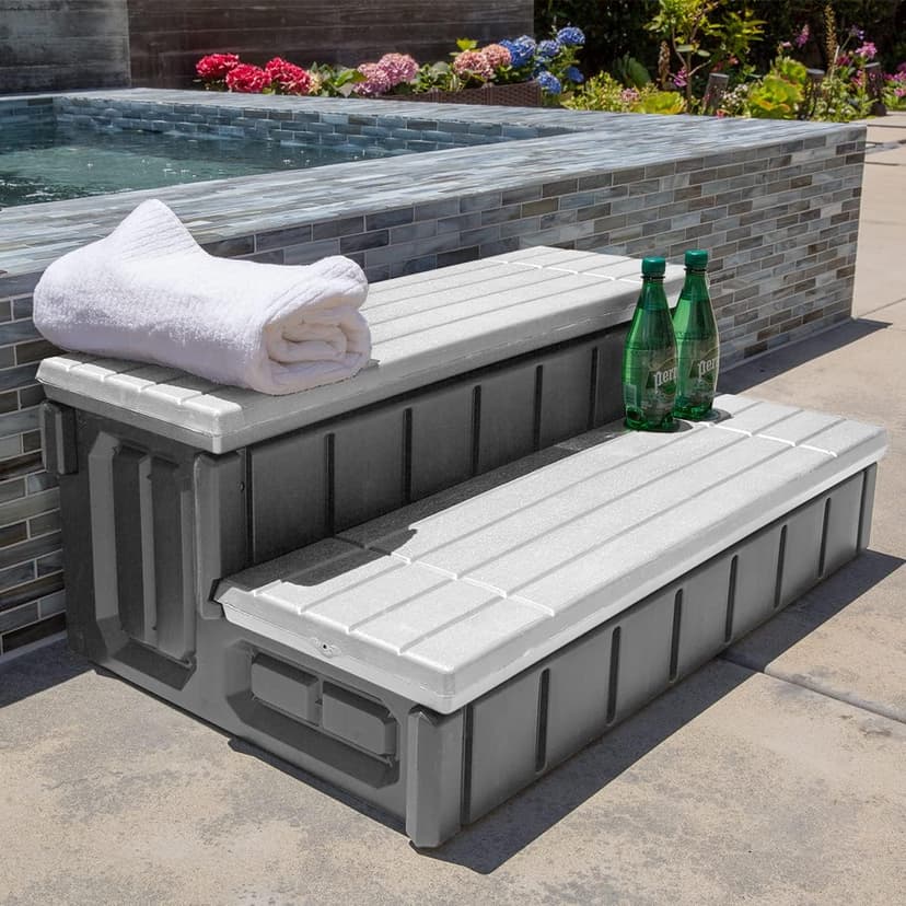XtremepowerUS Universal Heavy Duty 2-Step Spa & Hot Tub Step Porch Steps with Large Storage Compartment Non-Slip Resistant Step Stairs, Grey