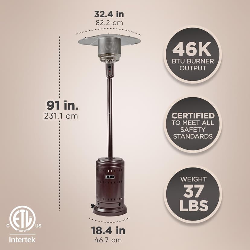 Amazon Basics 46,000 BTU Outdoor Propane Patio Heater with Wheels, Commercial & Residential, Havana Bronze, with Water Tank, 32.1 x 32.1 x 91.3 inches (LxWxH)