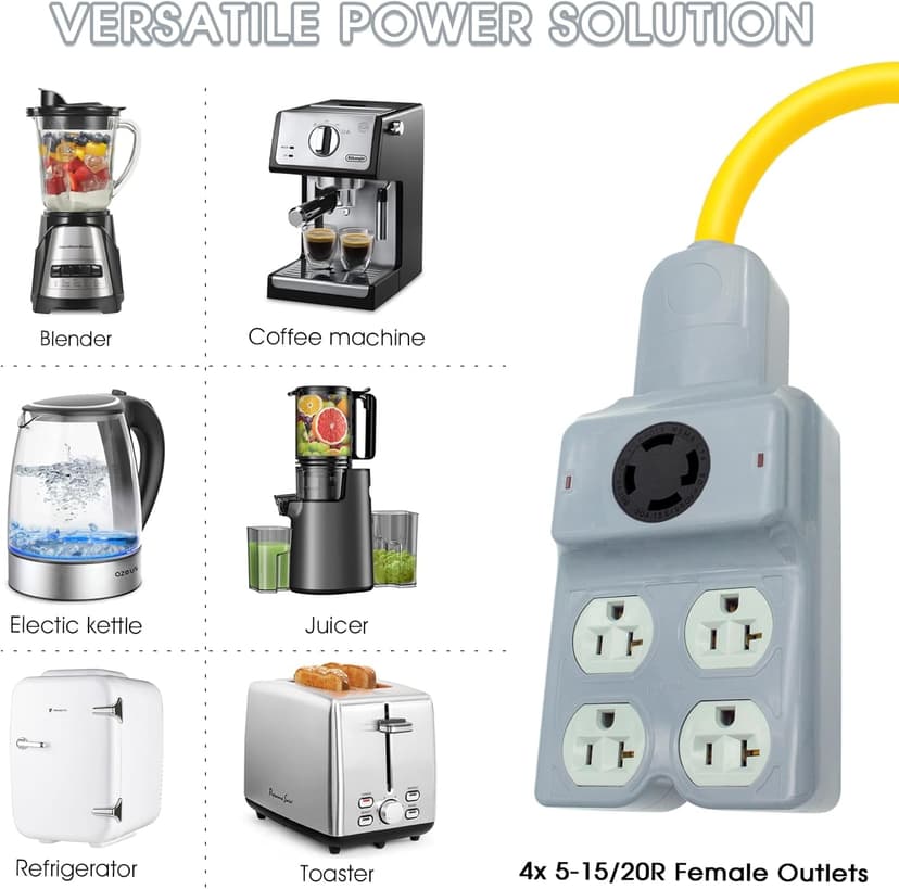 240V to 120V Adapter, Generator Plug NEMA L14-30P to L14-30R and 4 Port 5-20R/5-15R 4 Prong Twist Lock 30 Amp Male Plug to Female Receptacle for RV Workshop Outdoor Activity (Gray)