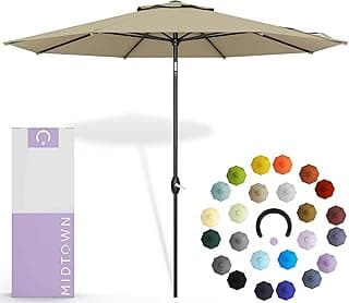 Midtown Umbrellas 10-Year-No-Fade - 9 Ft - UV Proof Beige Polyester Fabric - Umbrella Outdoor Patio, Auto-Tilt Aluminum Frame Patio Umbrella for Garden, Pool & Deck - Black Pole