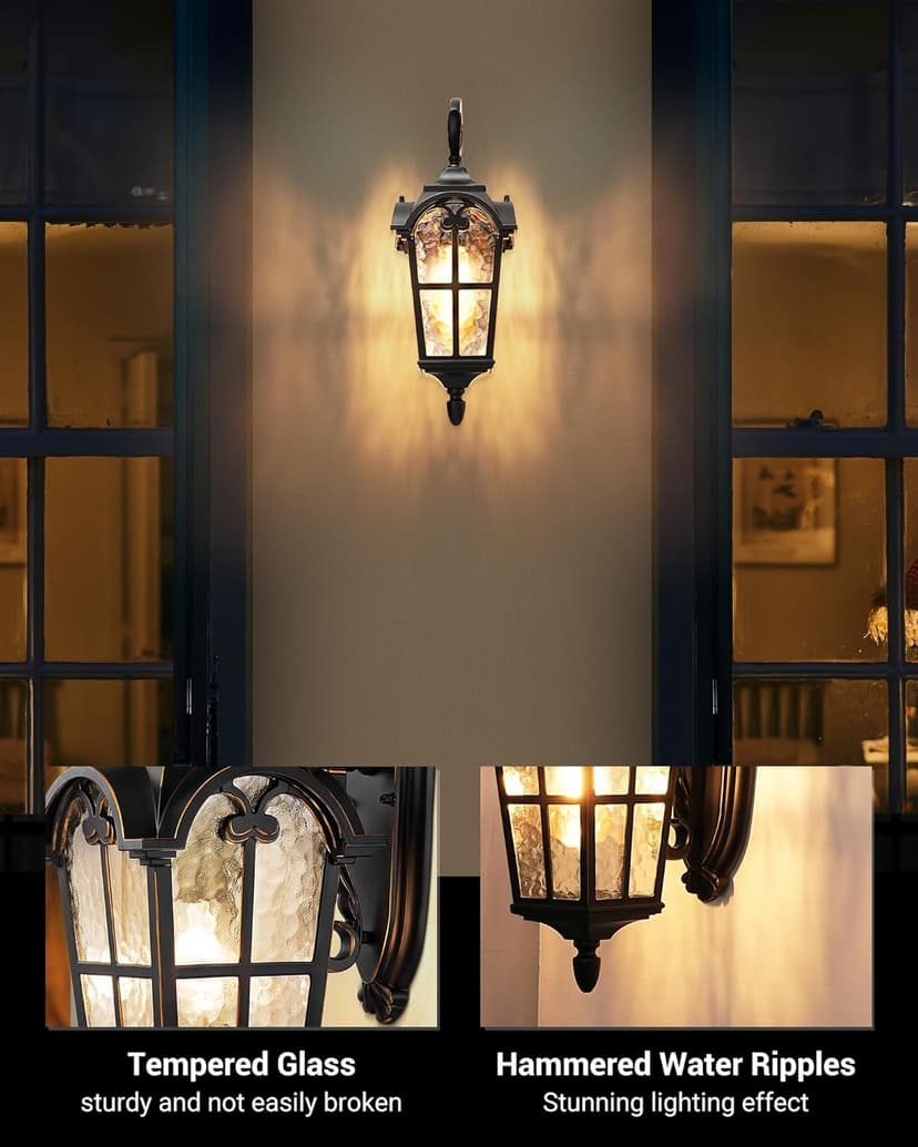DEWENWILS Outdoor Wall Light Fixtures Wall Mount, Black Roman 17.7" H Exterior Wall Lantern, Anti-Rust & Waterproof, Water Ripple Glass, Outside Wall Sconce Porch Light for House, Garage