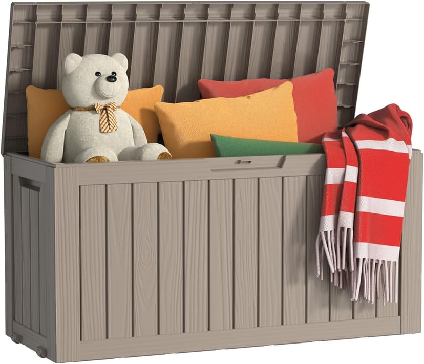 75 Gallon Outdoor Storage Box, Resin Waterproof UV-Resistant Deck Box, Reinforced Stability for Patio, Garden, and Poolside, Striped Beige