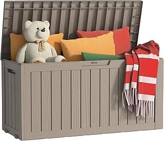 75 Gallon Outdoor Storage Box, Resin Waterproof UV-Resistant Deck Box, Reinforced Stability for Patio, Garden, and Poolside, Striped Beige