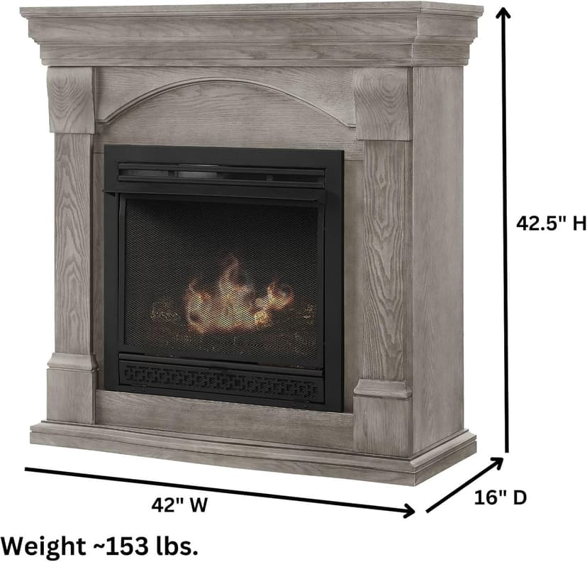 Comfort Glow Dual Fuel Ventless Gas Fireplace with Mantle The Halifax, Adjustable Thermostat, Natural Gas or Liquid Propane, 26,000 BTU, Heats 950 sq ft - Pewter Oak Finish Gas Fireplace
