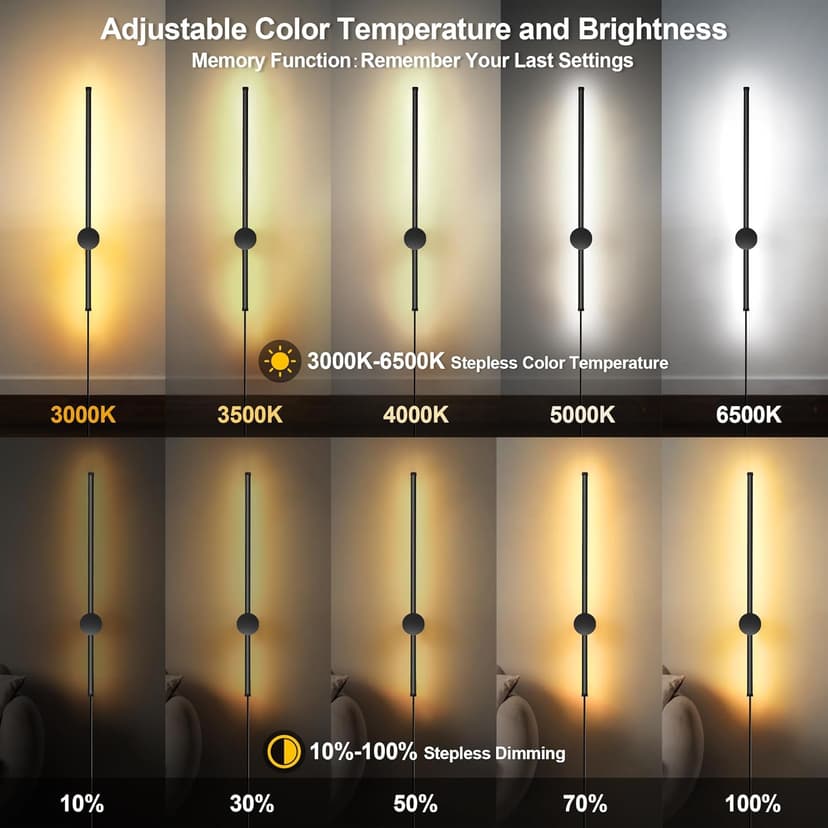 Wall Sconces Set of Two with Remote, Stepless Colors 3000K-6500K & Stepless Dimming, Hardwire or Plug-in, 180° Rotate, LED Black Plug in Wall Sconces with Timer & Night Light, 23.6 Inches