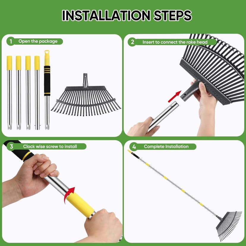 Rake Heavy Duty 6FT Long Garden Rake , 18.5 Inch Wide, 25 Metal Tines, Adjustable Stainless Steel Handle, Leaf Rakes for Leaves, Yards, Grass, Garbage, Weeds, Debris (Yellow)