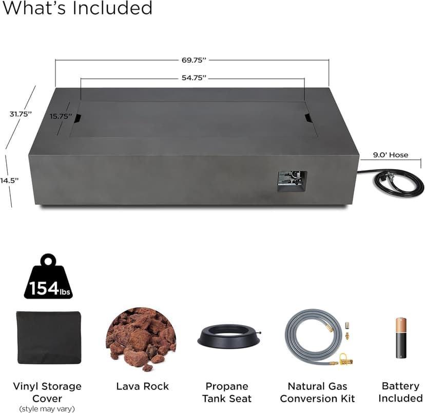 Real Flame Aegean 70in Rectangle Propane or Natural Gas Fire Pit Table, 65,000 BTU, Powder-Coated Steel, Push-Button Ignition, CSA Certified, Lava Rock, Storage Cover, Stainless Steel Burner with Lid