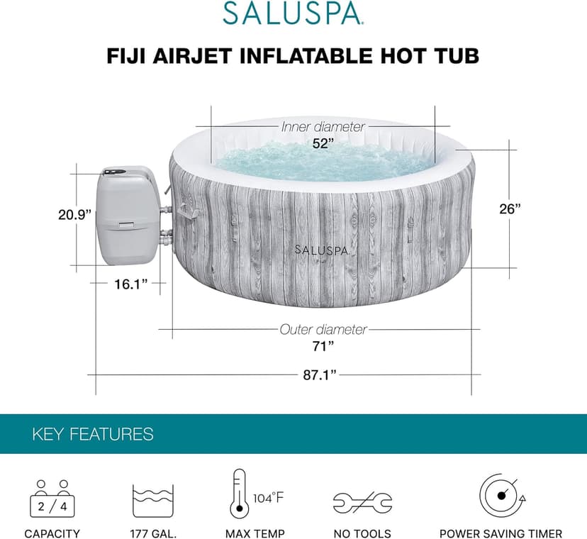 Bestway 2-4 Person SaluSpa Fiji Signature AirJet Inflatable Hot Tub Spa, 71" x 26" Round Portable Spa with 120 Soothing Jets and Insulated Cover