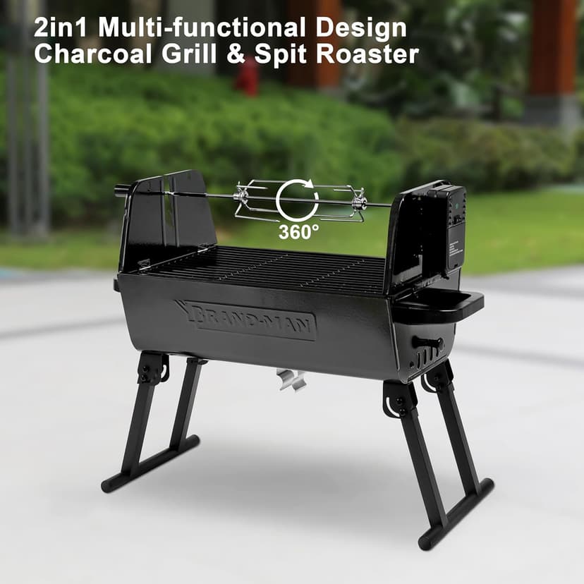 Brand-Man portable Charcoal Grill with Motor, 2-in-1 Adjustable Spit Roaster & BBQ Grill for Camping, Tailgating, Backyard, & Outdoor Cooking, Foldable Legs & dual side vents