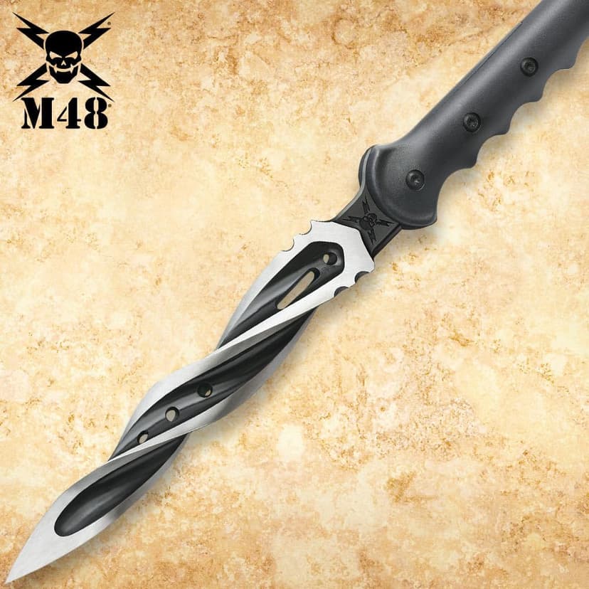 M48 Cyclone Spear with Vortec Sheath | Stainless Steel Blade | Three Spiraling Cutting Edges | Glass Fiber Reinforced Nylon Handle | Custom Vortec Sheath | Overall 48 7/8”