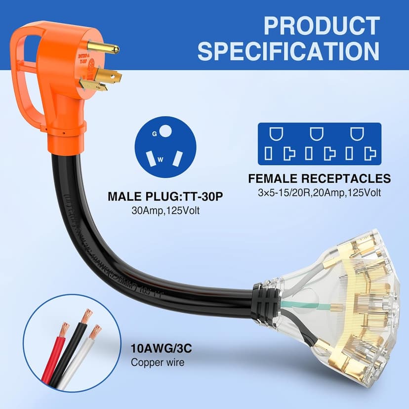 Nilight 30 Amp to 110V RV Adapter Cord 30 A to 15A RV Distribution Adapter Cord 3 Prong TT-30P Male to 3X 5-15R/5-20R Female ETL Listed for RV Camper Generator Household Outlet
