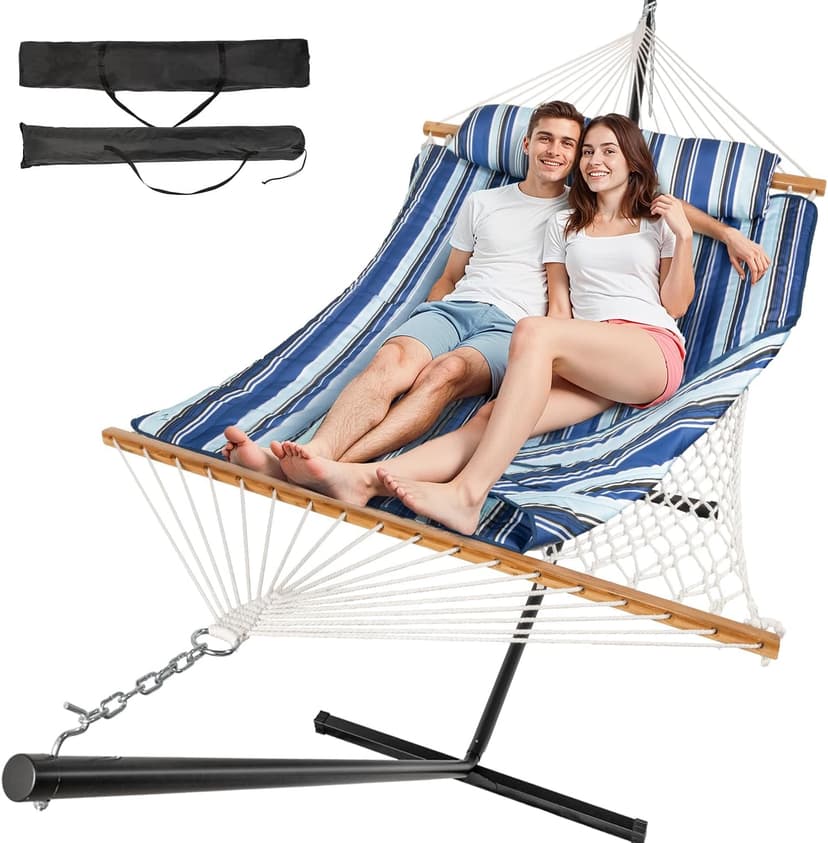 Double Hammock with Stand, 2 Person Cotton Rope Hammock with Removable Polyester Pad, 500LBS Capacity, Portable & Adjustable Design, Includes Storage Bag, Indoor Outdoor Use,Blue