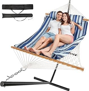Double Hammock with Stand, 2 Person Cotton Rope Hammock with Removable Polyester Pad, 500LBS Capacity, Portable & Adjustable Design, Includes Storage Bag, Indoor Outdoor Use,Blue