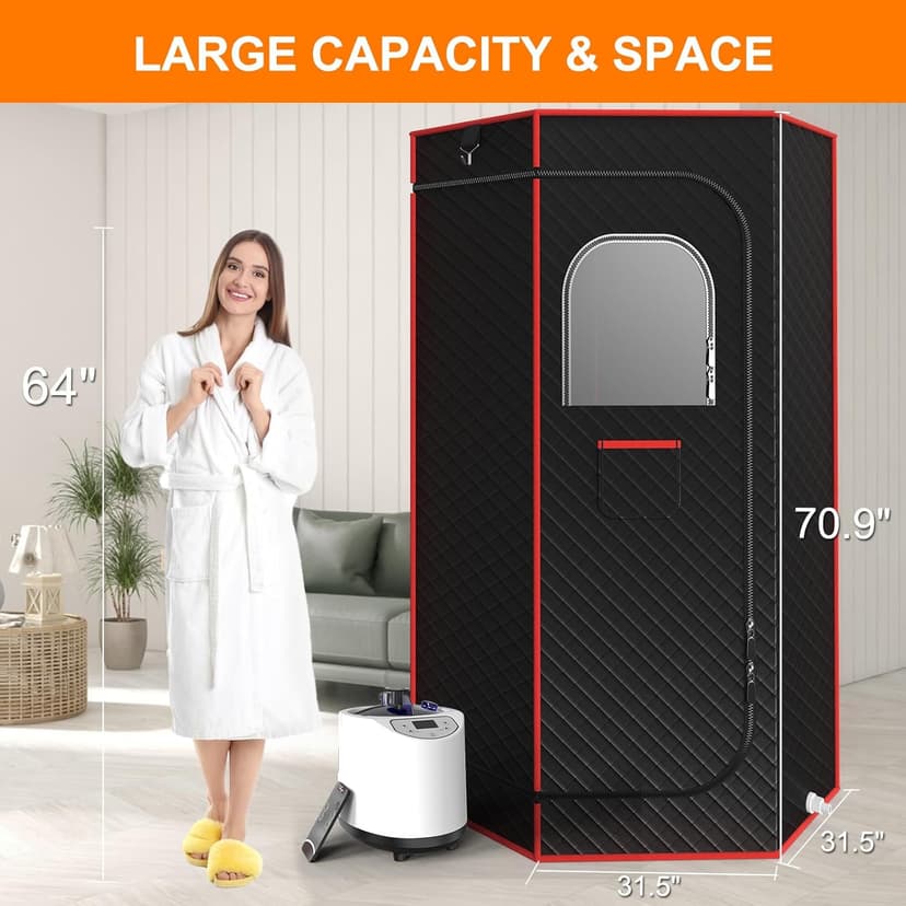 Portable Sauna Box, Steam Sauna for Home with 3L Steamer, Remote Control, Folding Chair and Mat, Personal Sauna Tent for Wellness & Relaxation, 15 Levels, Red
