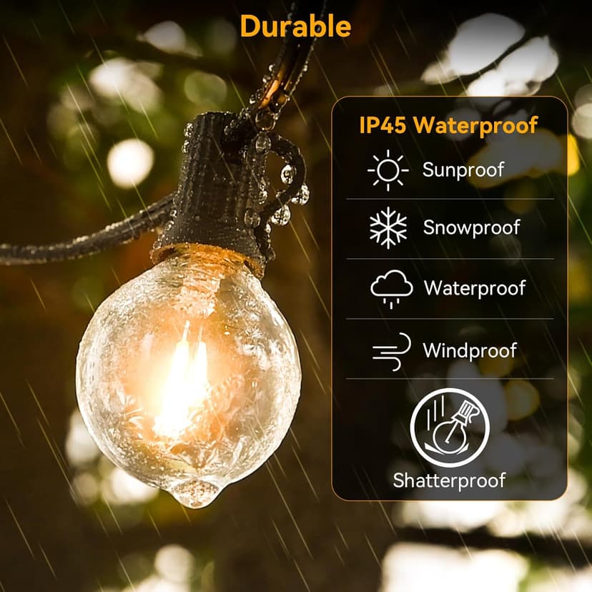 100ft Outdoor String Lights Waterproof/Connectable/Dimmable with 52 LED Shatterproof Bulbs,2-Pack 50ft UL Listed Globe G40 String Lights Outside Lighting for Patio Backyard Cafe Party Wedding Garden