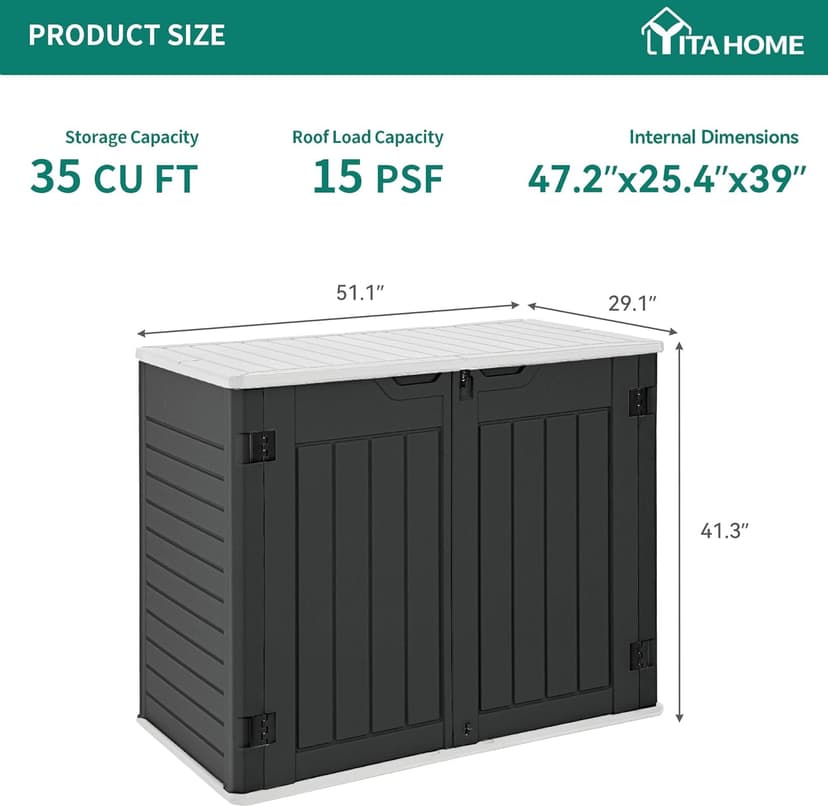 YITAHOME Outdoor Horizontal Storage Sheds w/o Shelf, Weather Resistant Resin Tool Shed, Multi-Opening Door for Storage of Bike, Trash Cans, Garden Tools, 35 cu ft, Waterproof, Lockable, Dark Gray