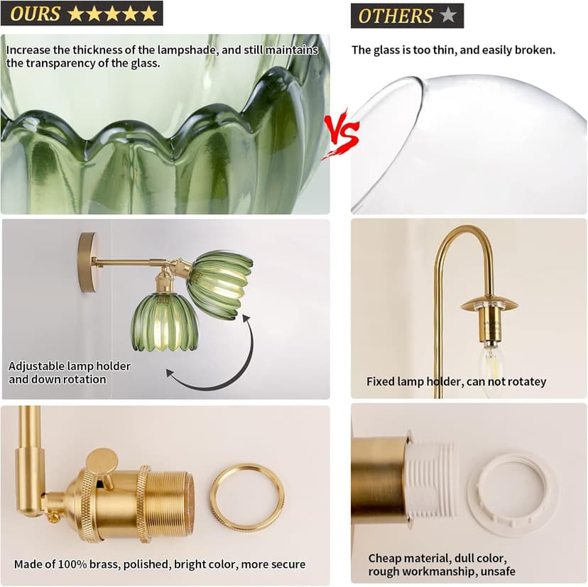 Vintage Wall Sconces with Green Tulip Glass Lampshade 180 Degree Adjustable Brass Sconces Hradwired Modern Wall Lighting Fixture with Switch for Bedside Bedroom Doorway