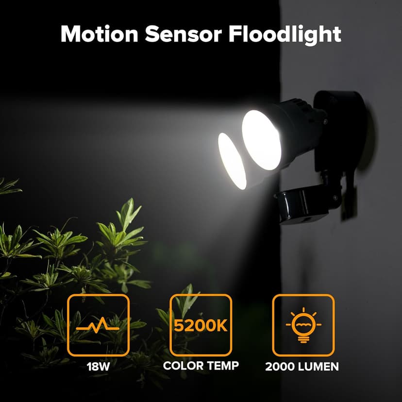 LUTEC Shrimp P6221B-PIR24 2000 Lumen 18 Watt 26 LED Motion Activated Integrated Dual-Head Floodlight Outdoor, IP54 Waterproof Exterior Security Wall Light for Patio, Garden, Yard-Black