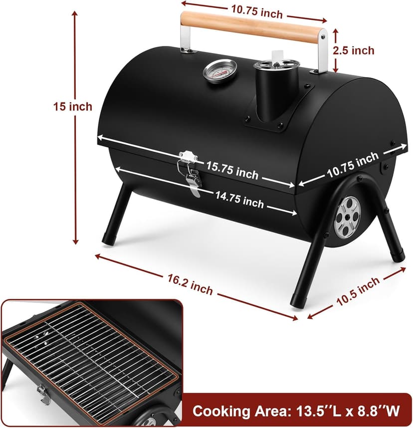 Joyfair Portable Charcoal Grill with Thermometer, Small Tabletop Barbecue Grill for Outdoor Camping Backyard Party BBQ Cooking, Extra Thick Steel & Heavy Duty, Innovative Design & Easy Assembly