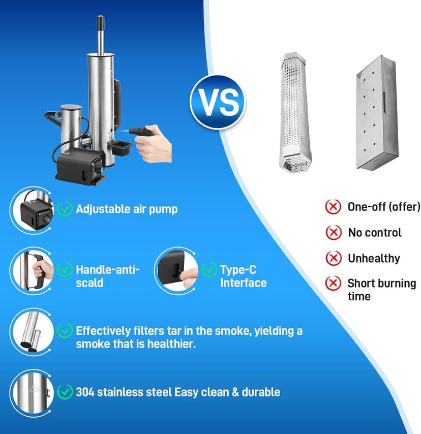Outdoor Smoke Generator, Smoke Tube for Pellet Smoker, Stainless Steel Pellet Smoker Tube, Hot/Cold Smoker with Air Pump, Smoker Accessories, Portable Electric Smokers Grill Add Wood to produce smoke