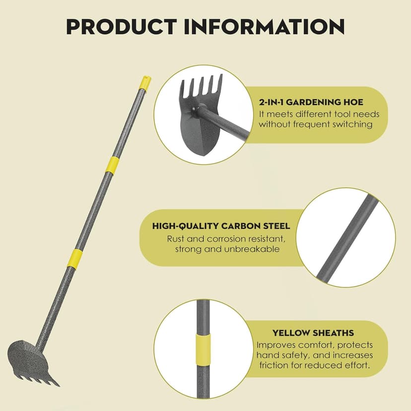 Garden Hoe, 17 to 45 Inch Hoe Garden Tools with Adjustable Handle Length, 2 in 1 Weeding Tool with 5 Tooth Rake, Hoe Garden Tool for Loosening Soil, Planting, Weeding
