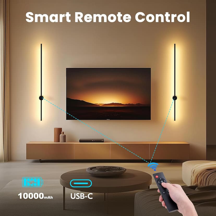 NIORSUN 40 Inch Battery Operated Wall Sconce Set of 2,Black Minimalist Rechargeable LED Wall Lights with Remote, 18 Colors Dimmable Wireless Wall Lamp for Living Room Bedroom Hallway
