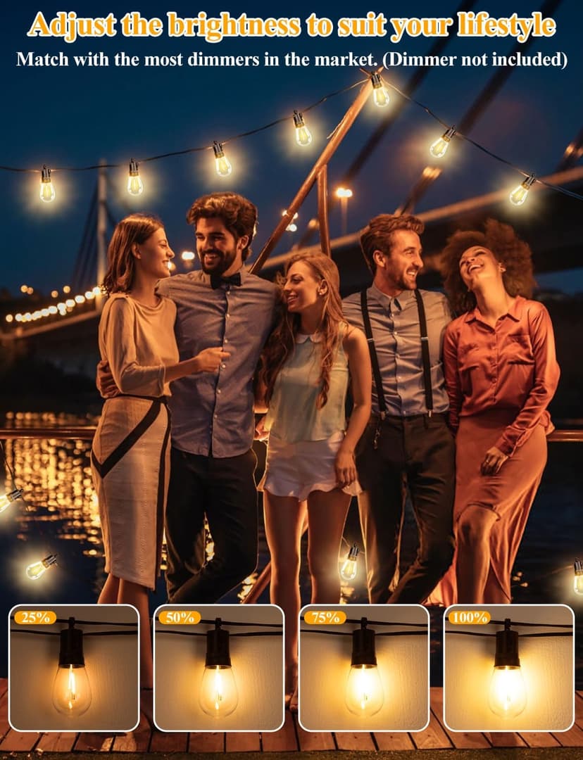 Brightever LED Outdoor String Lights, 60FT Patio Lights with 17 Shatterproof S14 Vintage Edison Bulbs(1 Spare), Outside Hanging Light Waterproof for Porch, Garden, Deck, Backyard, 2700K Dimmable