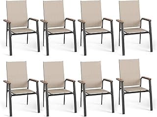 PHI VILLA Outdoor Stackable Dining Chairs Set of 8（Beige,Lightweight Aluminum Frame with Textilene Fabric & Wider Armrest,Easy to Store,Patio Chairs for Garden,Lawn