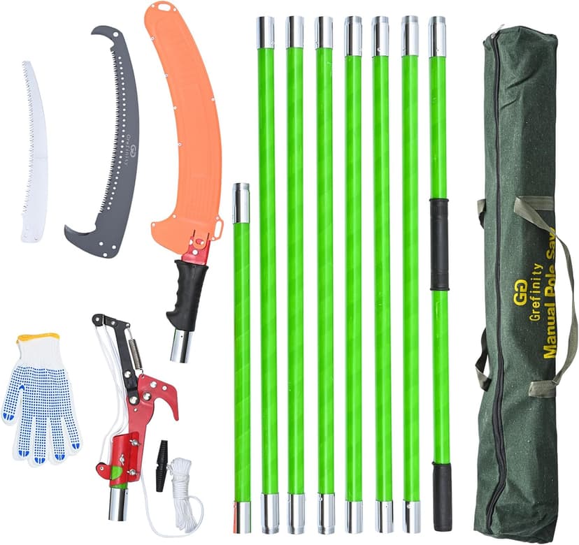 27FT Manual Pole Saw, Tree Branch Trimmer with 8-Section Fiberglass Handle, Sharp Steel Blade and Scissors, Lightweight Extendable Design for High Branch Trimming, Ideal for Palms and Shrubs