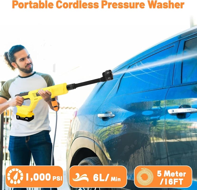 Cordless Pressure Washer for DeWalt 20V Max Battery, Portable Cordless Power Washer 1000PSI, Handheld Car Pressure Washer with 6-in-1 Nozzle for Patio Car Floor Fence Deck Indoor(Tool Only)