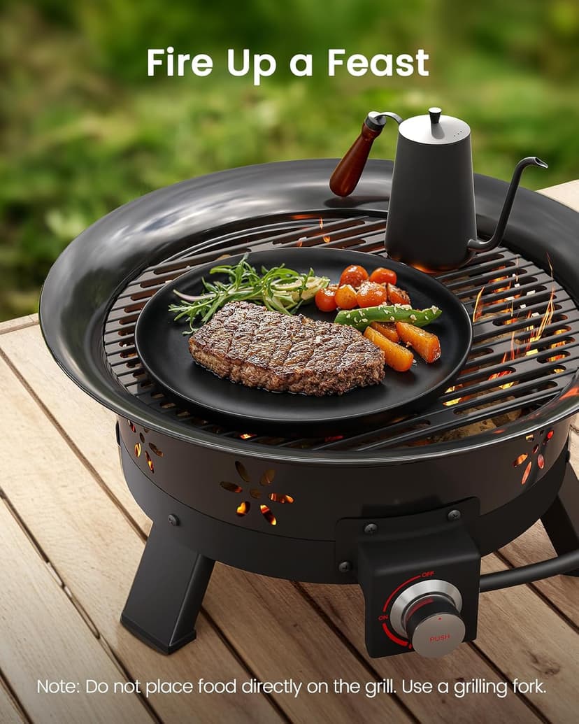 AMADA HOMEFURNISHING 19″ Propane Fire Pit with Grill Grate, 58,000 BTU, Folding Legs, Propane Tank Holder, Cover, and Carry Strap, No Ignition Needed, Easy Flame Adjustment, CSA-Certified, Portable