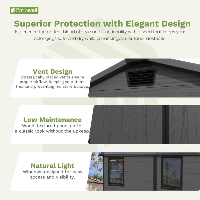 Patiowell 6 x 8 FT Plastic Outdoor Storage Shed with Floor, Resin Outside Tool Shed with Two Windows and Lockable Door for Garden, Backyard, Tool Storage Use, Easy to Install, Dark Grey
