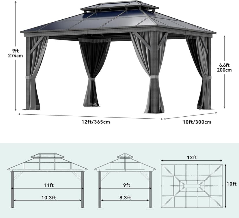 YITAHOME 10X12FT Hardtop Polycarbonate Gazebo Outdoor Patio Double Top Canopy Galvanized Iron Aluminum Column Garden Tent Curtains Netting for Backyards Decks Lawns,Gray