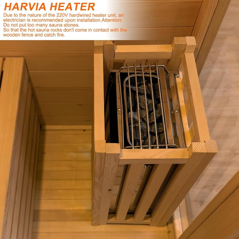 ZONEMEL Wooden Steam Sauna Room, 2 Person Canadian Hemlock Luxurious Indoor Sauna with 3.5 KW Harvia Stove Heater, Bluetooth Speaker, Sauna Stone, Wooden Bucket, Scoop, Reading Light, Hourglass