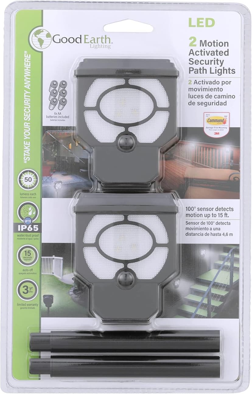 Good Earth Lighting Battery Operated LED Landscape Path or Deck Lights in Bronze, Motion Sensor with Auto Off, 50 Lumens, 5000K Color Temperature, Set of 2 Lights