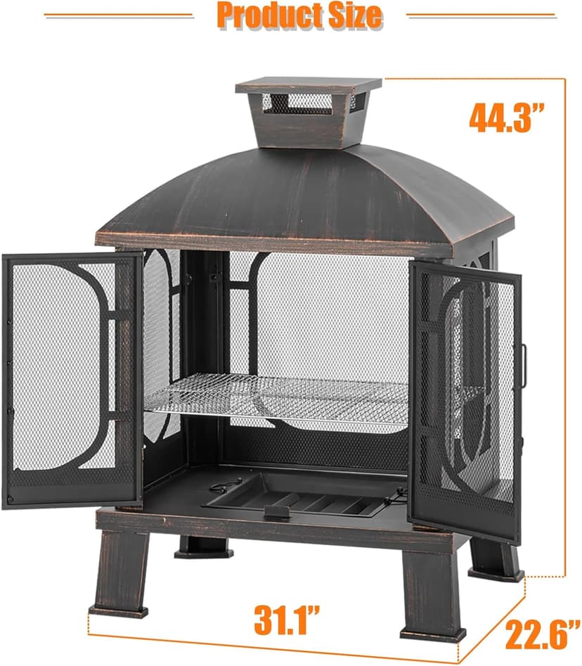 45" H×31''W Metal Chiminea Fire Pit with Grill, Wood Burning Fire Pits for Outside,Square Chimineas Fireplace with Mesh Spark Screen Door& Fire Poker for Garden,Yard,BBQ,Bonfire