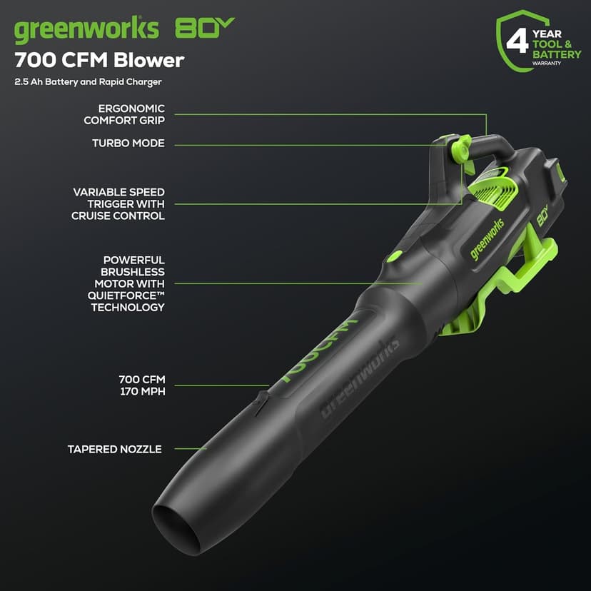 Greenworks 80V 700 CFM Cordless Leaf Blower - Commercial-Grade Power, 45-Min Rapid Charger for Wet Leaves & Heavy Debris (Includes 2.5Ah Battery)